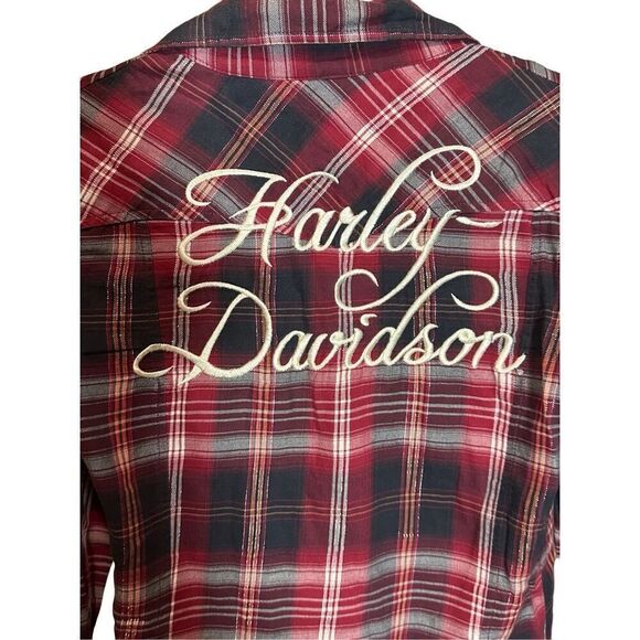 Harley-Davidson Red Orange Black Plaid Snap Front Embroidered Western Shirt Sz X - Picture 4 of 11